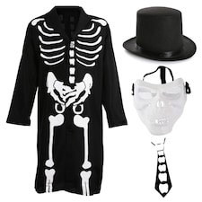 Skeleton Costume - with Mask & Top Hat | Multi | S