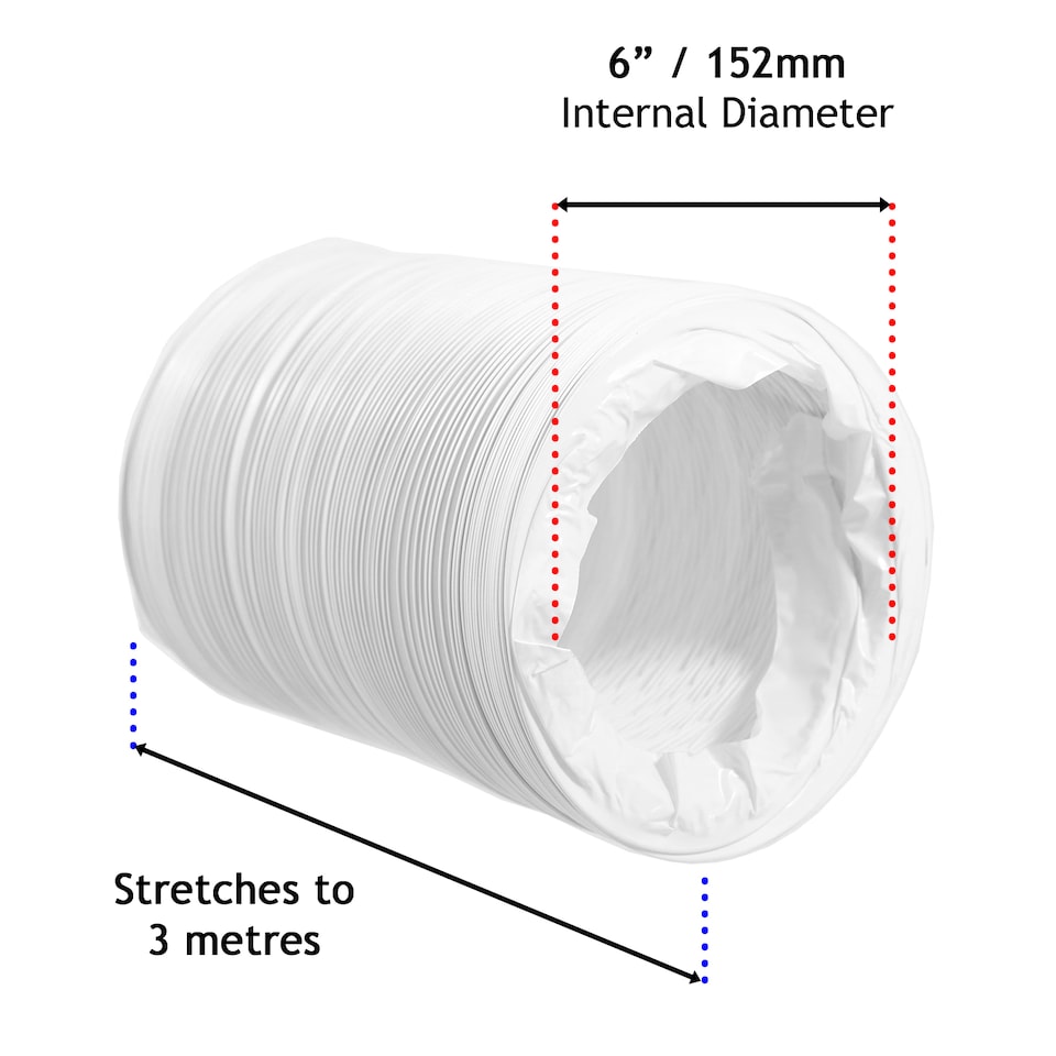 image 1 of SPARES2GO Air Conditioning Duct Hose 6" PVC Flexible Vent Pipe 152mm 3 Metre UNIVERSAL