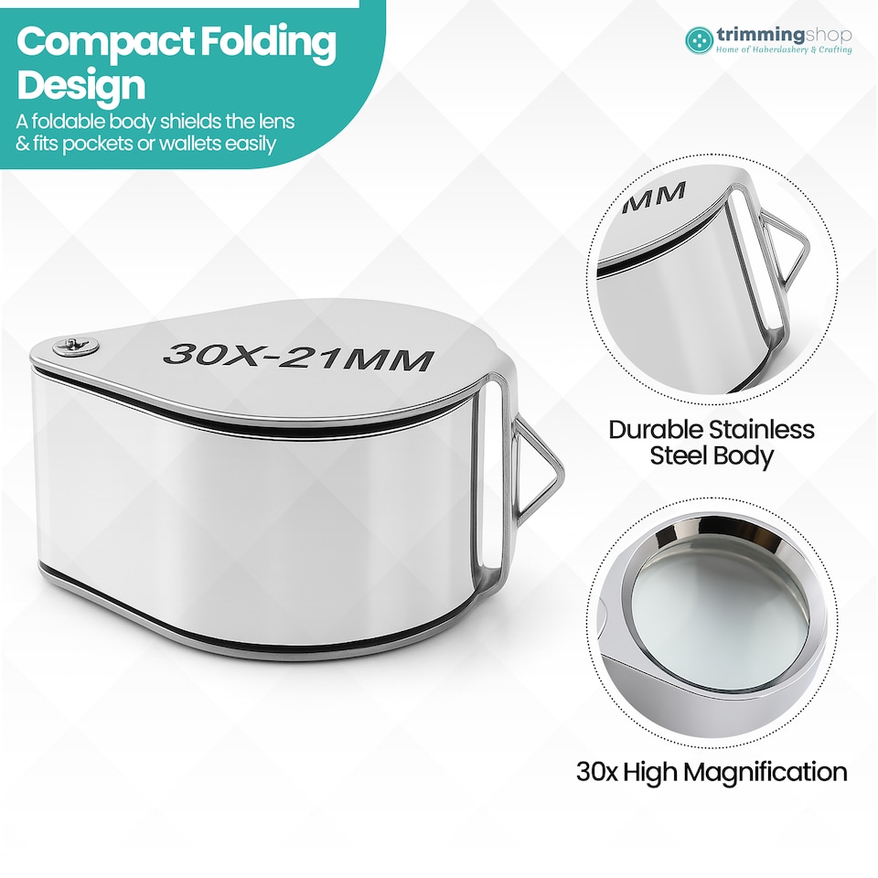 image 1 of 30x Magnifying Glass, Stainless Steel Folding Loupe Magnifier