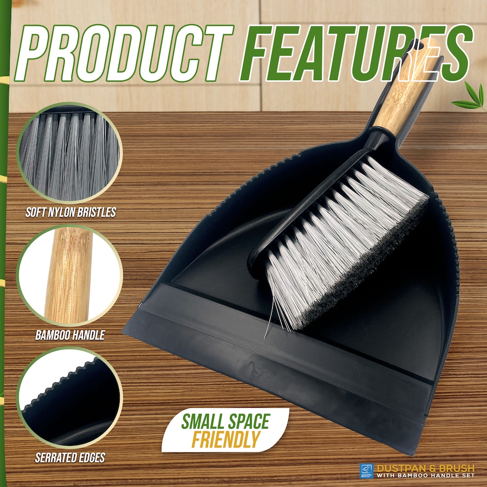 image 1 of Bamboo Handled Black Dustpan and Brush Set