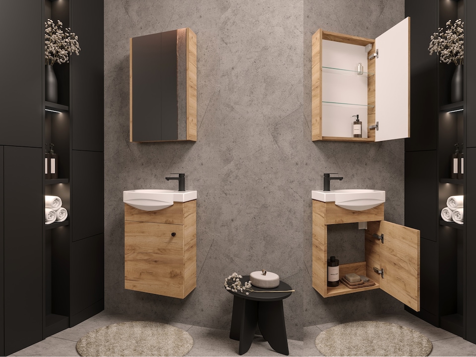 image 1 of Bathroom Vanity Unit with Basin 400mm Cloakroom Small Slim Sink Cabinet Wall Hung Oak Finish Avir