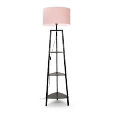 ValueLights Hiru Black 3 Tier Shelf Floor Lamp Pink Shade & Bulb | Pink