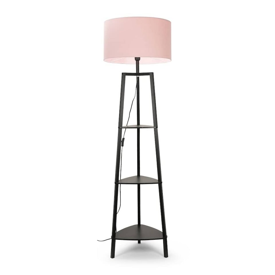 image 1 of ValueLights Hiru Black 3 Tier Shelf Floor Lamp Pink Shade & Bulb | Pink