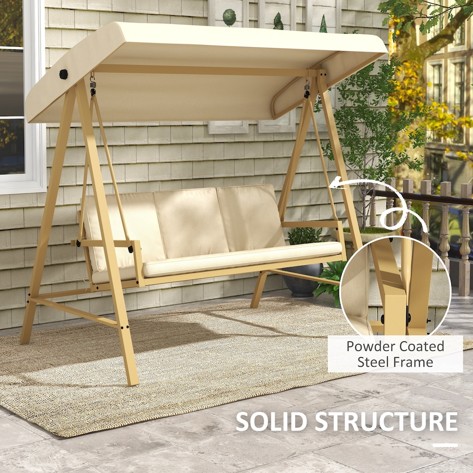 image 1 of Outsunny 3 Seater Garden Swing Chair with Adjustable Canopy and Cushions, Beige | White | Beige
