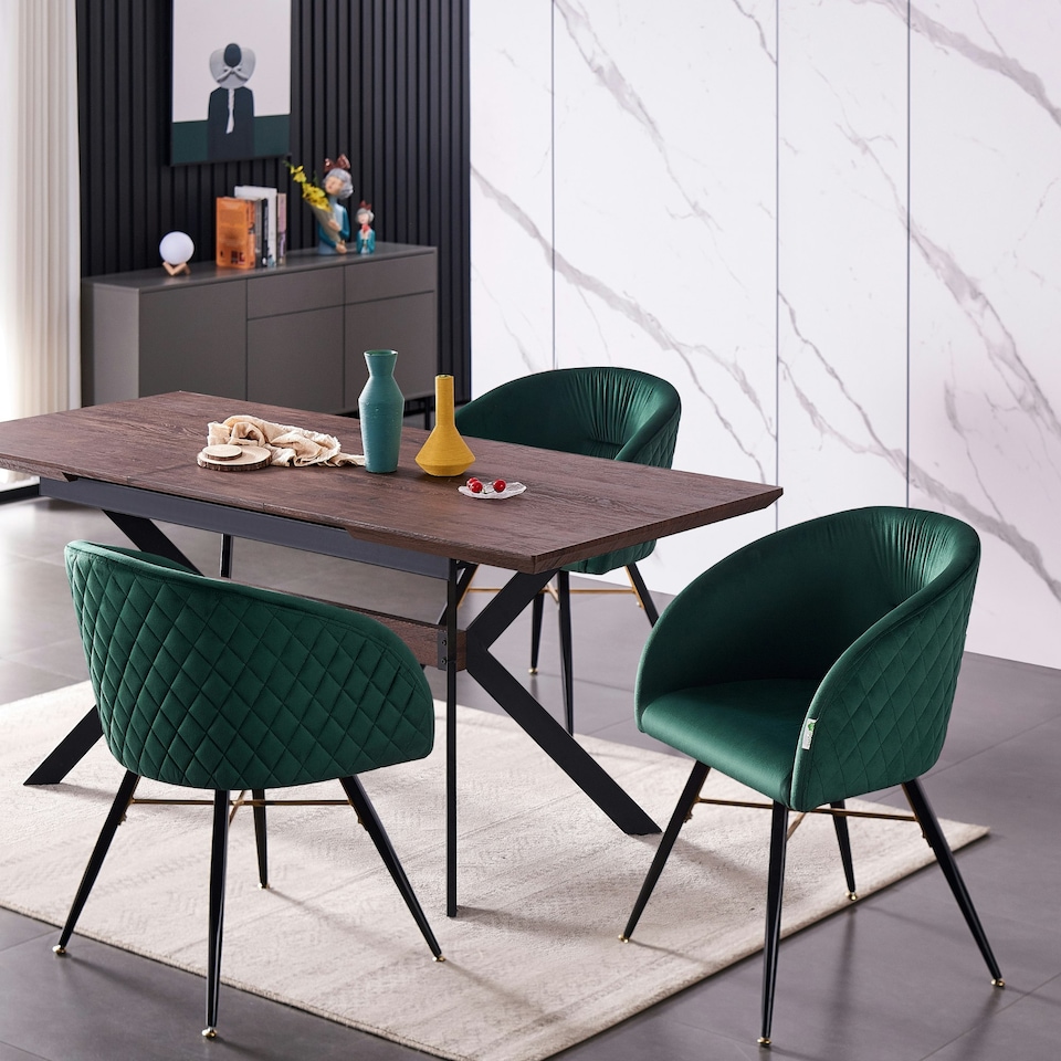 image 1 of Set of 4 Vittorio Velvet Dining Chairs with Black Metal Legs, Quilted Design Modern Accent Chair | Green