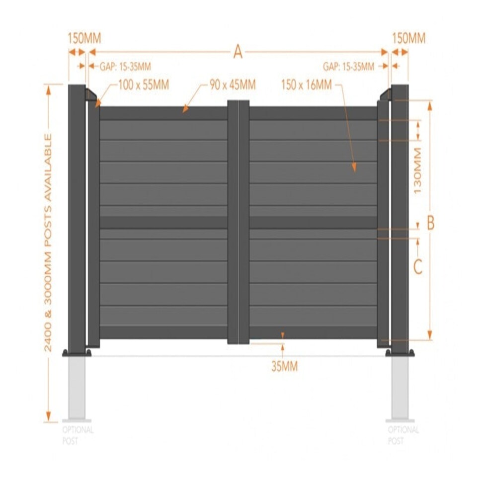 image 1 of Double Swing Gate 3250x1800mm - Aluminium - Horizontal Solid Infill and Flat Top - Black Black