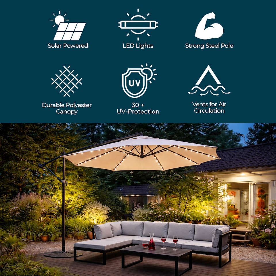 image 1 of JSH 3m Hanging Banana Cantilever Parasol with LED Lights - Beige
