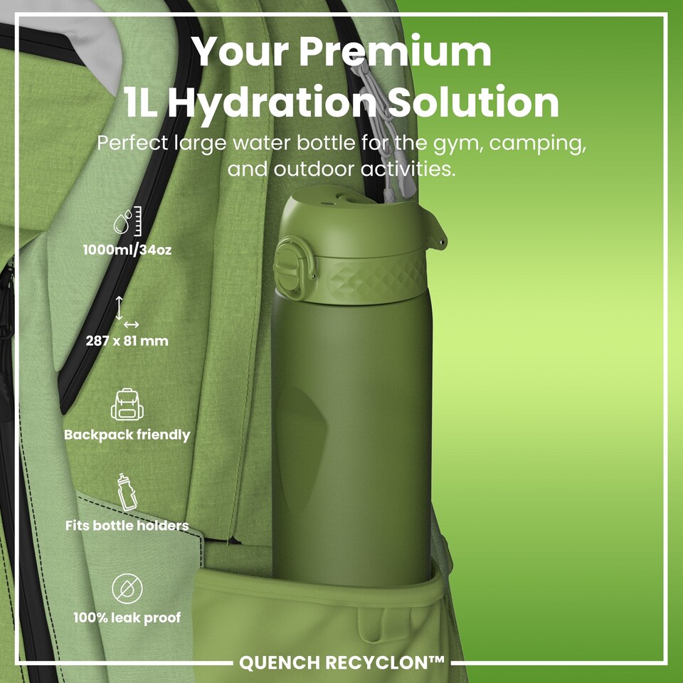 image 1 of Leak Proof 1 Litre Water Bottle, BPA Free, 1000ml (32oz) | Green | Khaki Green | 1L