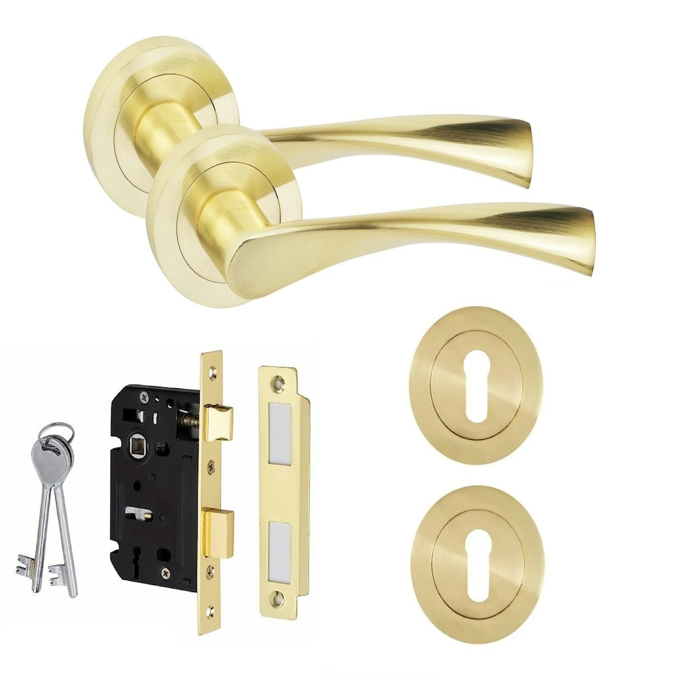 image 1 of Golden Grace Astrid Design Door Handles in Satin Brass Door Handles with Escucheon and Mortise Lock in Satin Brass | Grey | 1 Set