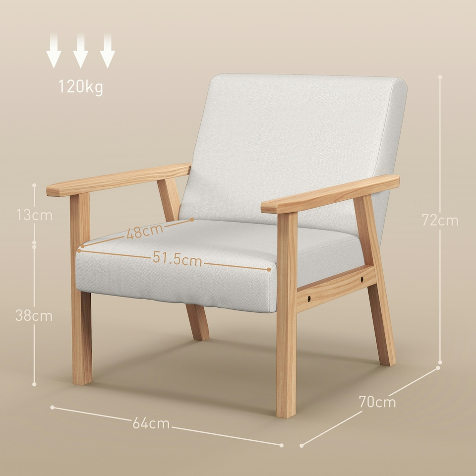 image 1 of HOMCOM Accent Chair with Wood Frame Wide Seat Linen Armchair Cream White