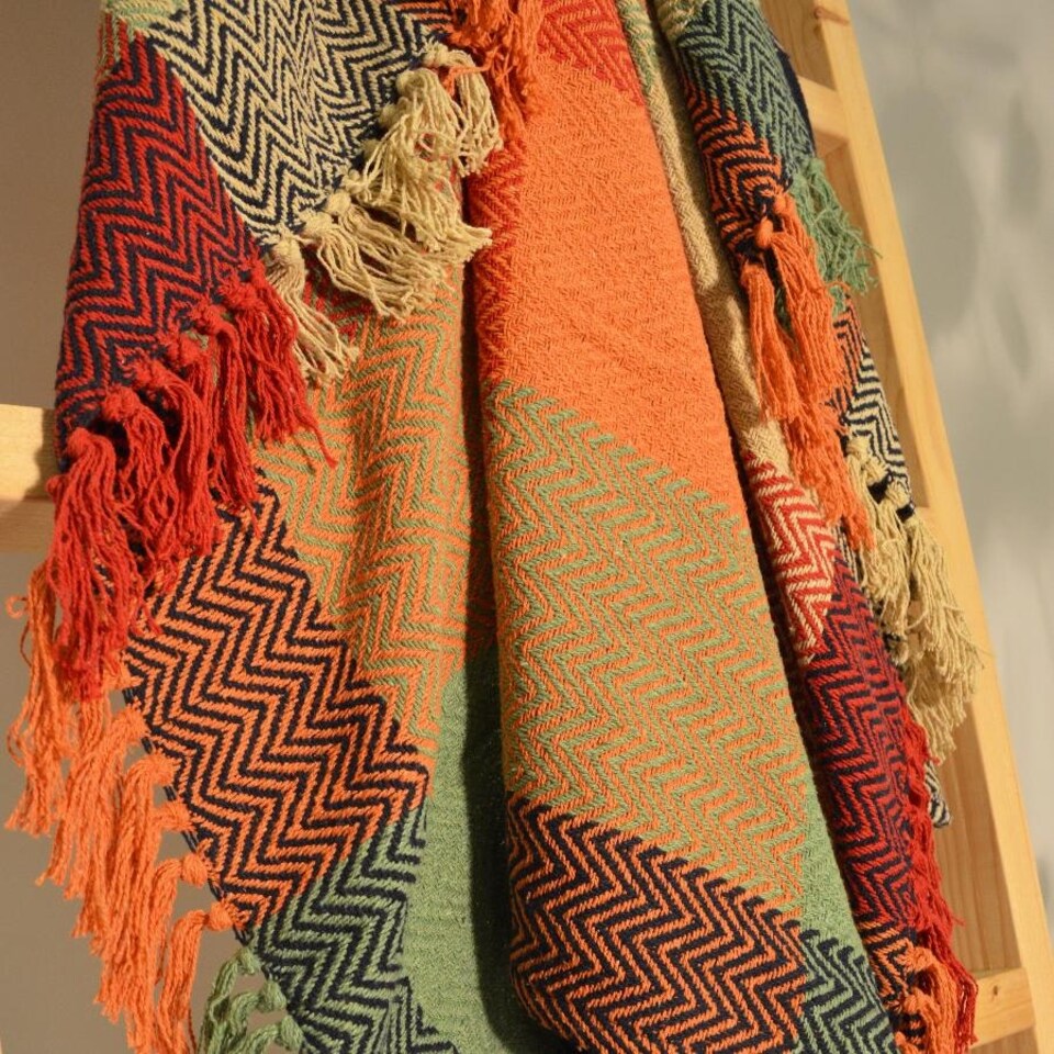 image 1 of Multicoloured Check Herringbone Throw Blanket - 100% Cotton Multi | 150 x 200cm