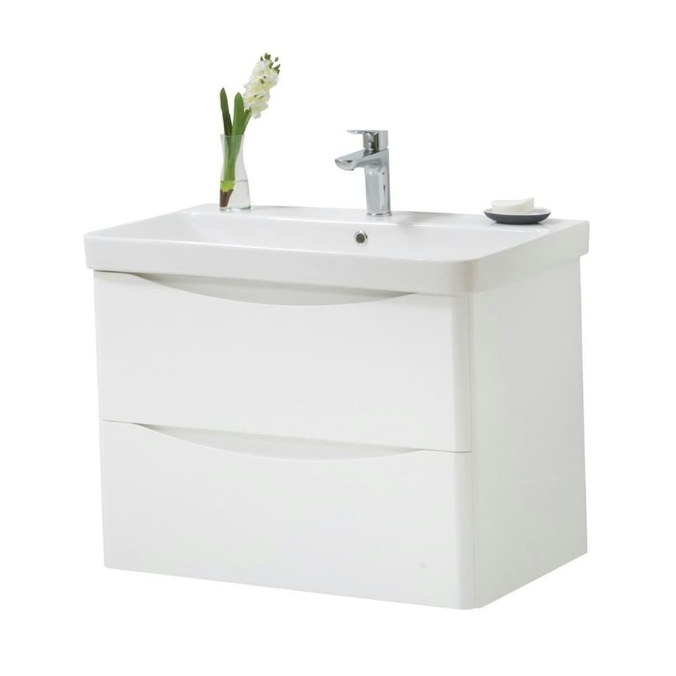 image 1 of Bathroom Wall Mounted 2-Drawer Vanity Unit with Basin 800mm Wide - Gloss White - (Arch) - Brassware Not Included | White | White | 1