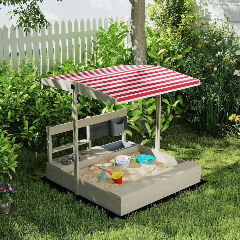 image 1 of Outsunny Kids Wooden Sandbox w/ Canopy, Kitchen Toys, Seat, Storage, for Outdoor