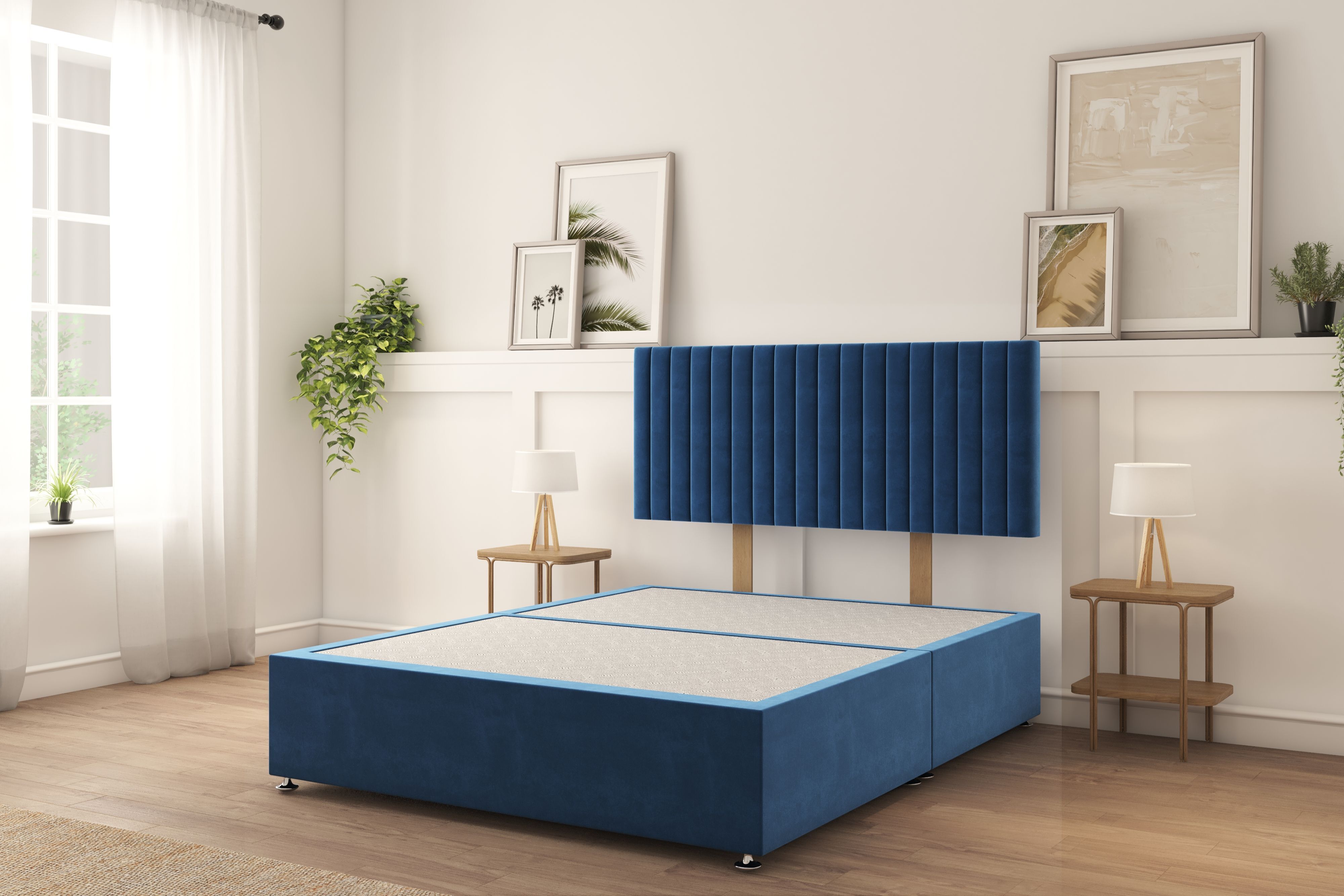 Sloomy Manhattan Navy Plush Divan Bed Base No Drawers With 26" Strutted Headboard 4' Small Double