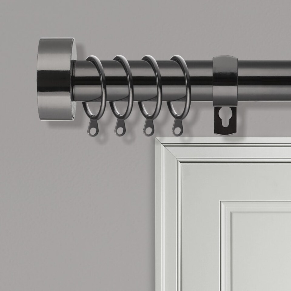 image 1 of Extendable Curtain Pole Flat Curtain Rail Pole Set Includes Rings, Finials, Brackets & Fittings - Black Nickel - 440cm to 218 cm (15" to 86")