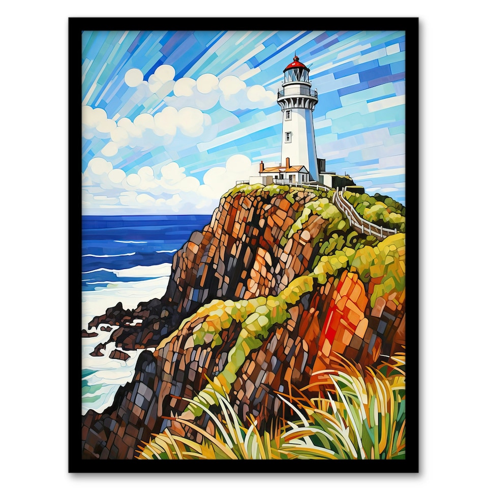 image 1 of Lighthouse on Cliff top Seaside Coastal Harbour Black Framed Wall Art Print A4