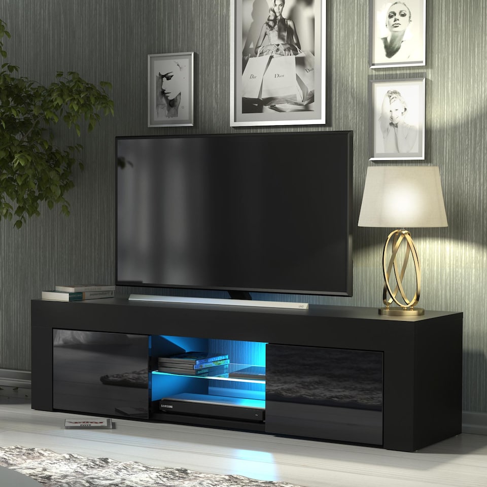 image 1 of TV Unit TV Stand Cabinet Sideboard Black High Gloss Doors Free LED 130cm