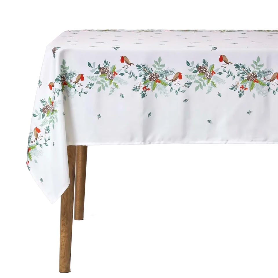 image 1 of Homescapes Robin Christmas Tablecloth - 132 x 229 cm | White | 132 x 229 cm