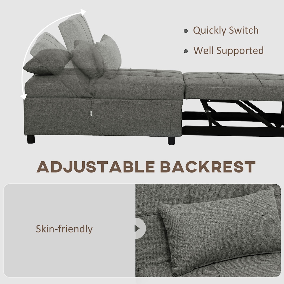 image 1 of HOMCOM 4-in-1 Sofa Bed, Convertible Sleeper Chair Bed with Adjustable Backrest, Fabric Pull Out Chaise Lounge with Pockets for Living Room, Bedroom, Home Office, Small Space, Charcoal Grey | Grey | Charcoal grey