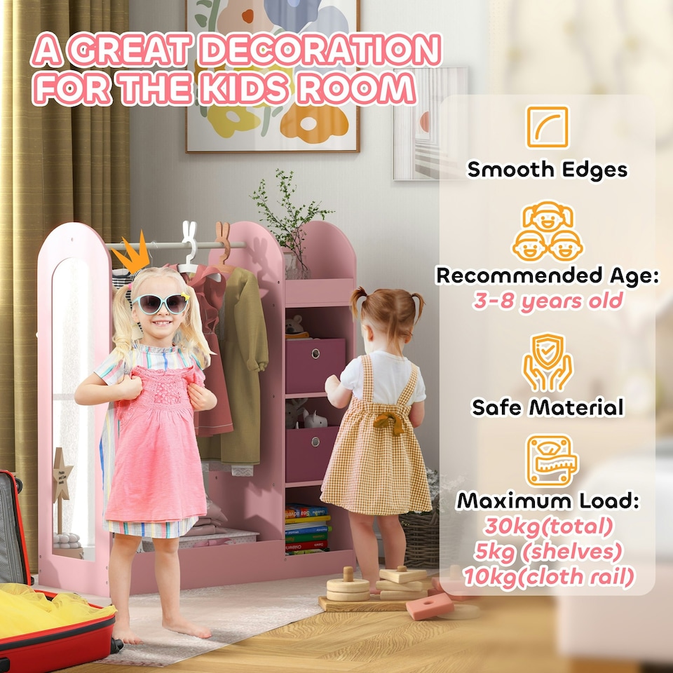 image 1 of AIYAPLAY Kids Clothes Rail with Storage Shelf, Boxes, Mirror, White
