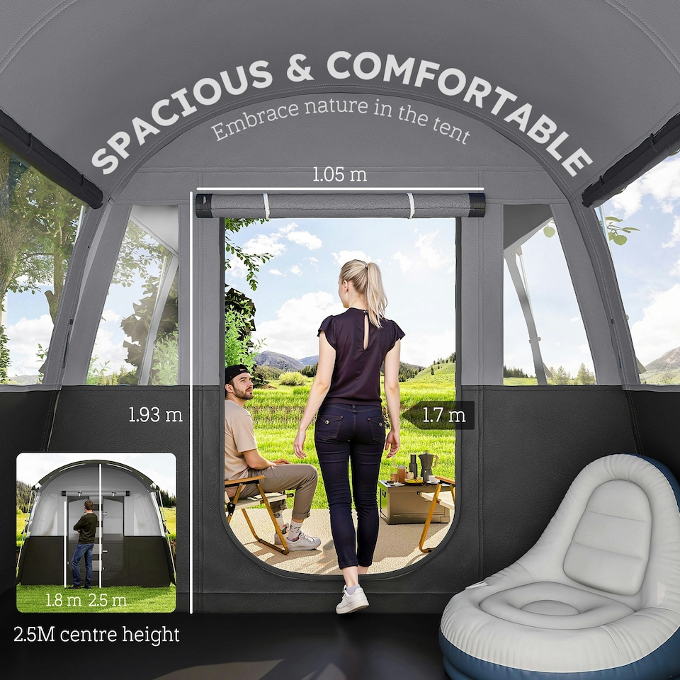image 1 of Outsunny 8-Person Camping Tent Tunnel Design with 4 Large Windows Dark Grey