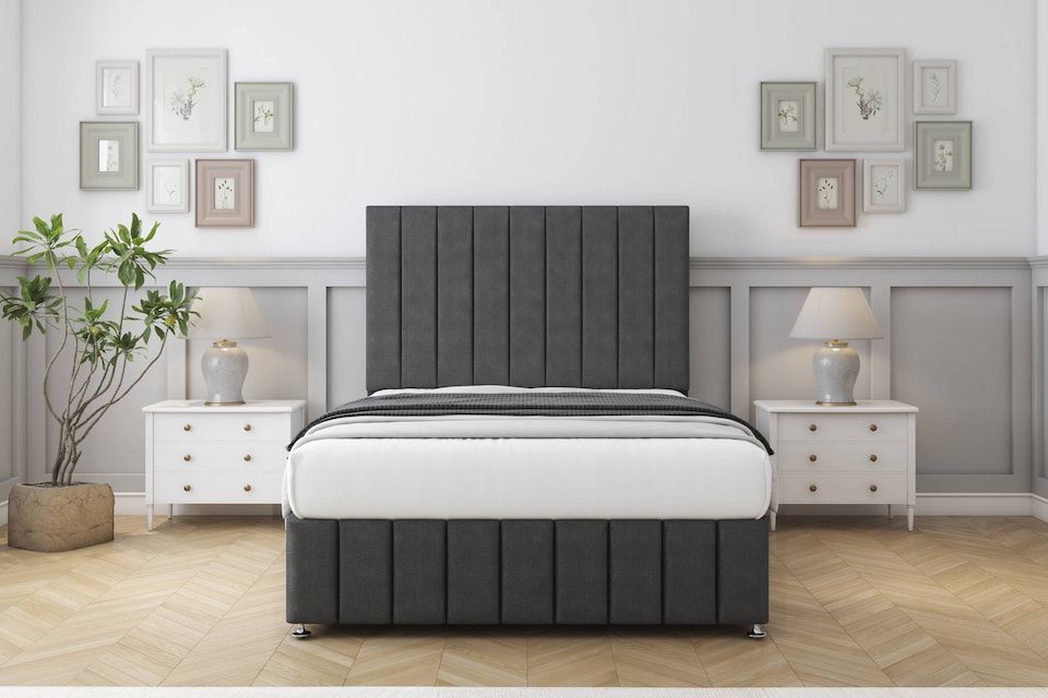 image 1 of Sloomy California Graphite Dumfries Divan Bed Base No Drawers With 26 Inch Strutted Headboard & 12 Inch Matching Footboard | Grey | Graphite | King | 1