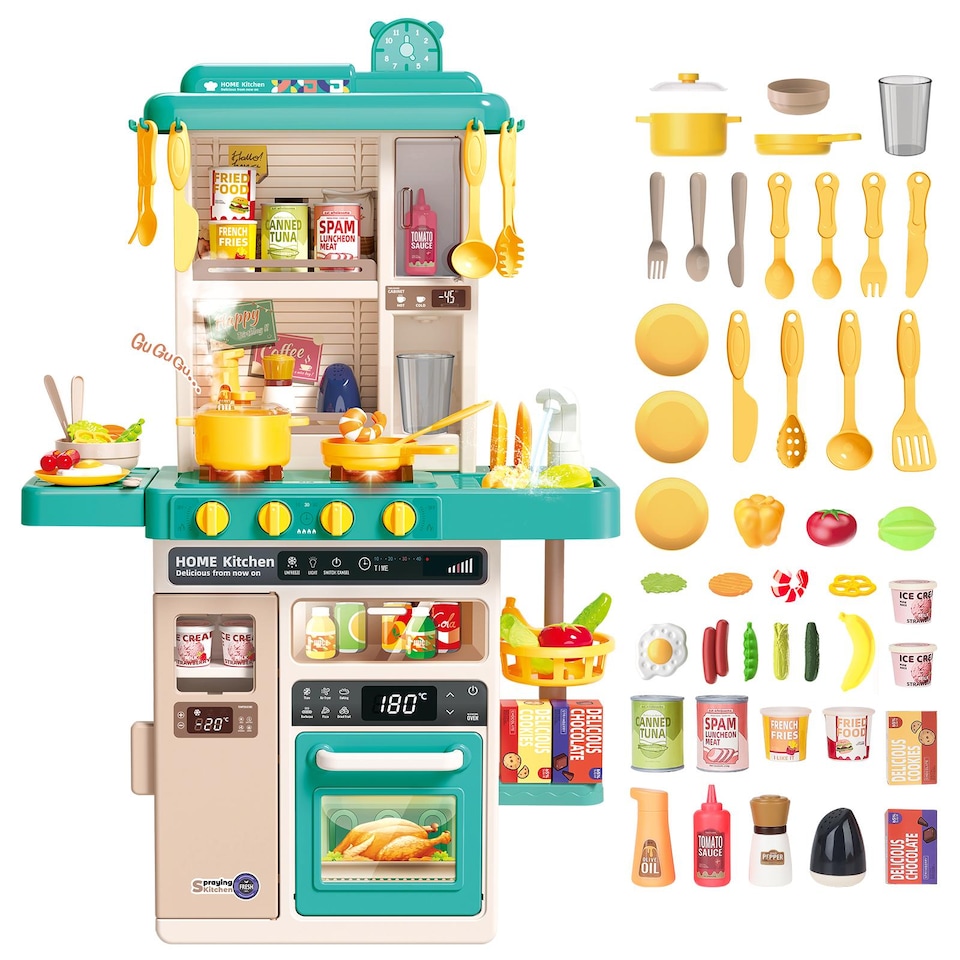 image 1 of Green Kids Role Play Kitchen Set – Realistic Lights, Sounds & Steam Spray with 40+ Accessories Educational Pretend Cooking Toy for Ages 3+