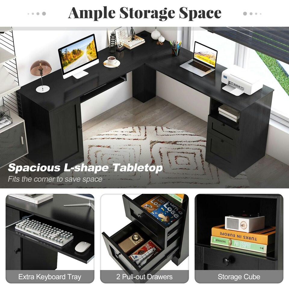 image 1 of COSTWAY 168 CM L-shaped Computer Desk w/Power Outlets Black Black