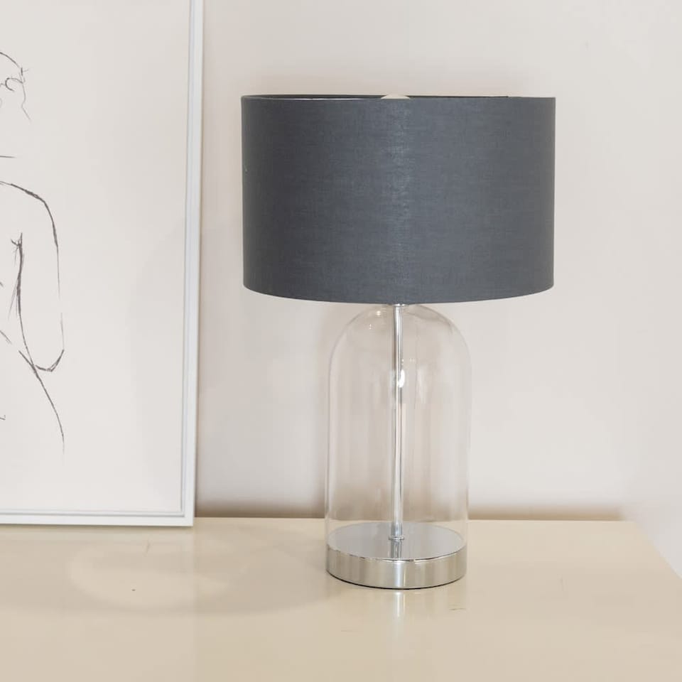 image 1 of ValueLights Jessy Glass Chrome Table Lamp Charcoal Chrome Inner Shade & Bulb | Clear