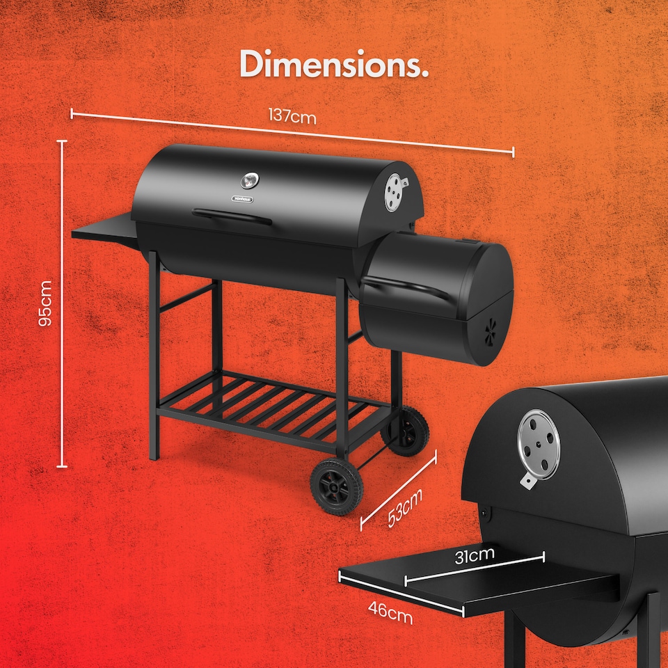 image 1 of VonHaus Charcoal BBQ, Barrel Barbecue with Offset Smoker