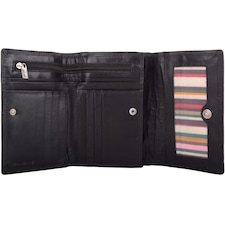 London Leathergoods Womens Tri Fold Money Holder Magnetic Flap Purse Wallet | Black | Black