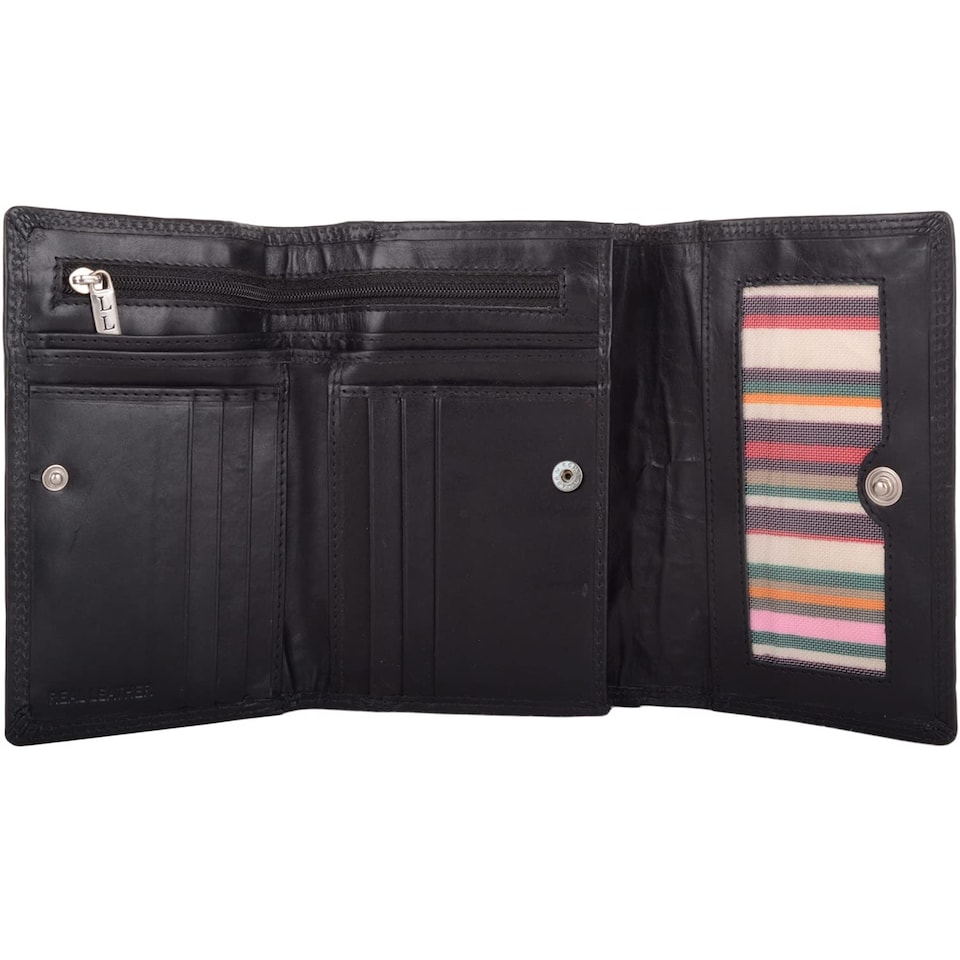 image 1 of London Leathergoods Womens Tri Fold Money Holder Magnetic Flap Purse Wallet | Black | Black
