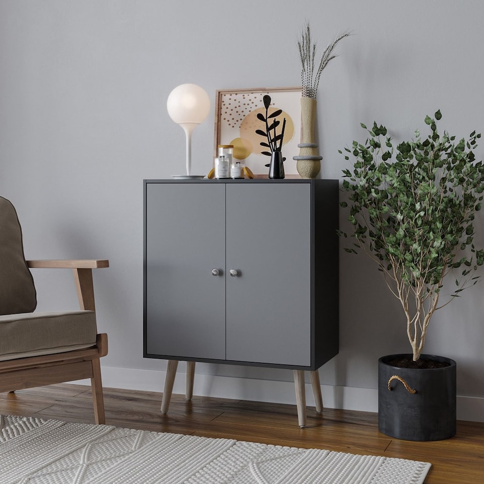 image 1 of Black 60cm 2 Door Living Room Storage Cabinet w/ Shelf and Splayed Legs