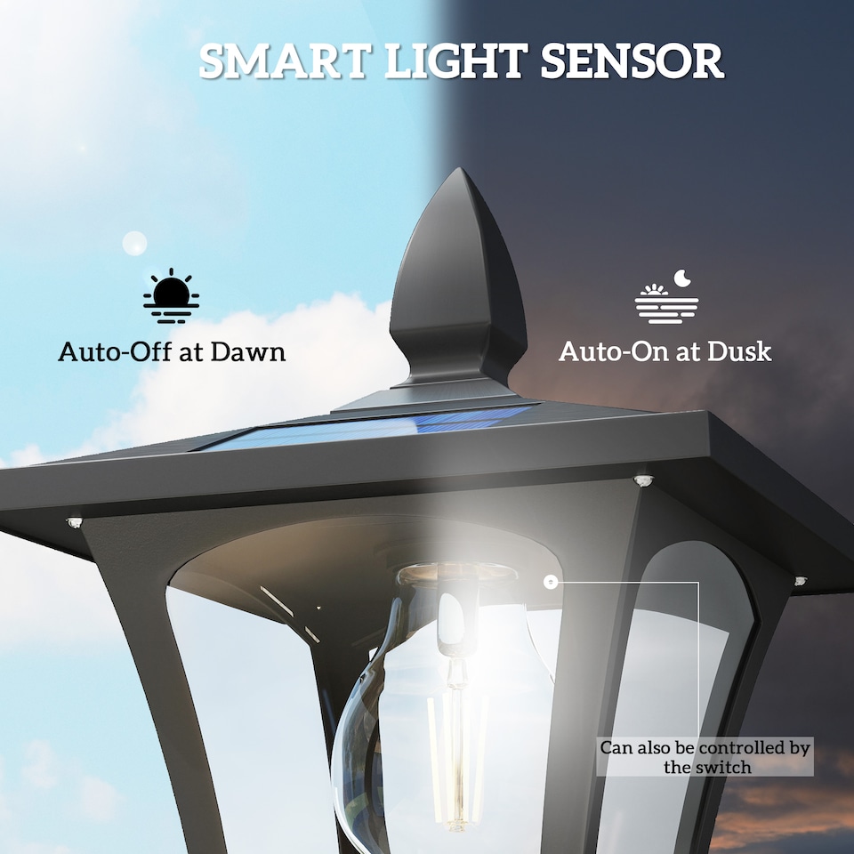 image 1 of Outsunny 160cm Garden Solar Lamp Post Light, LED Solar Light Post, Black | Black | Black | 33L x 33W x 160H cm