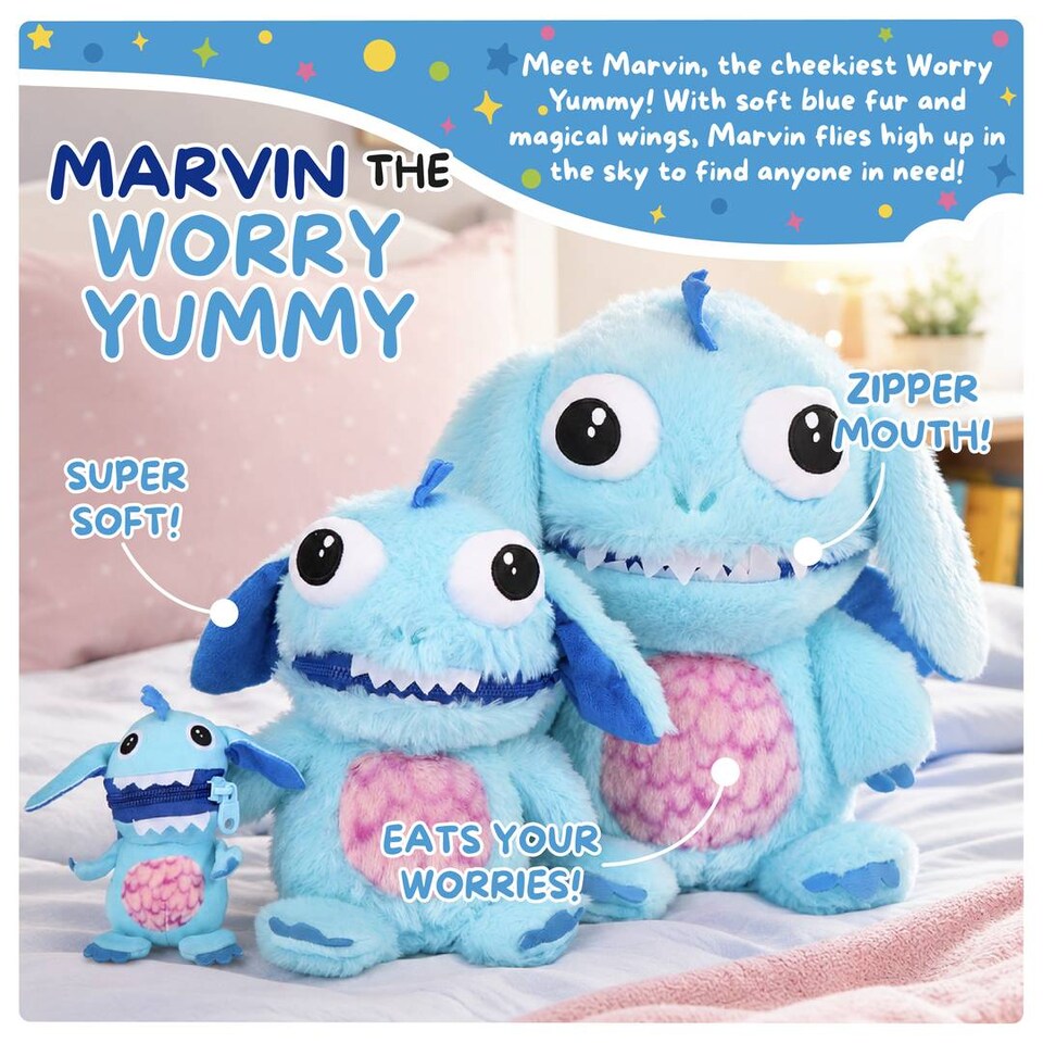 image 1 of Kids Worry Yummy Monster Cuddly Plush Toy Gift Set of 3 - Jumbo, Large and Clip-On Sizes Included