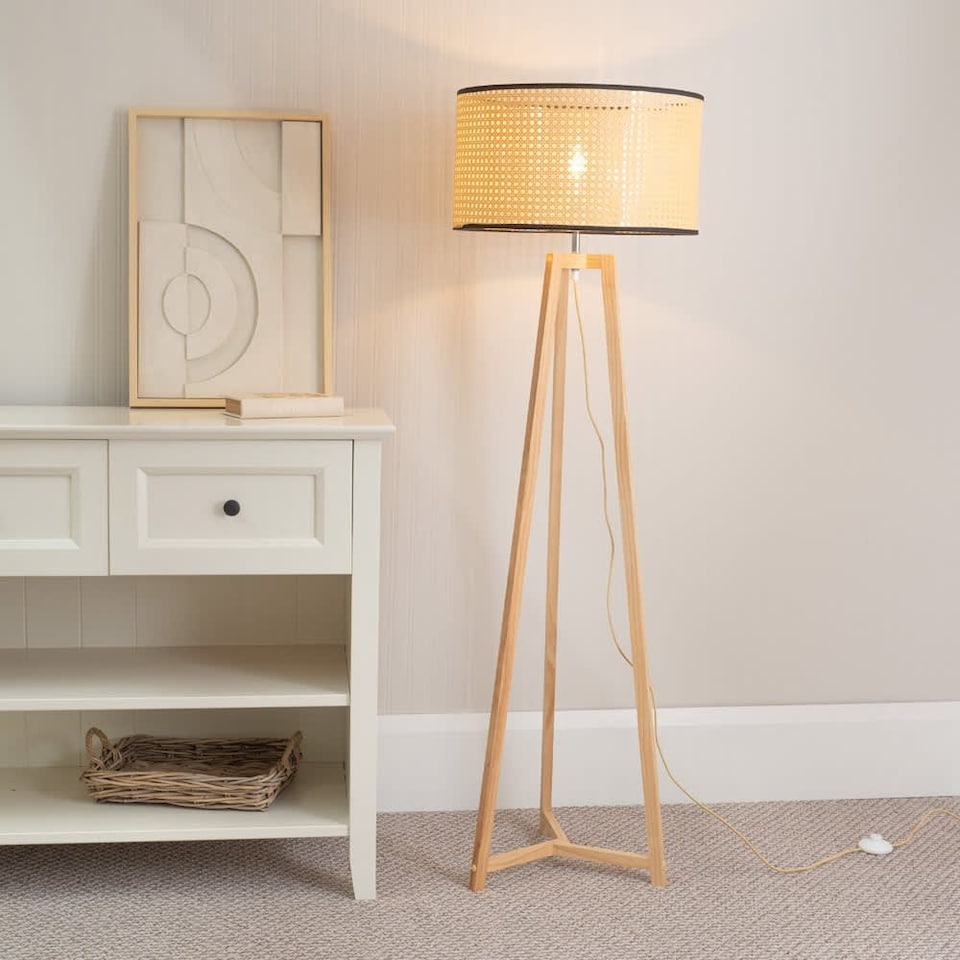 image 1 of ValueLights Lottie Natural Wood Tripod Floor Lamp Wicker Shade and Bulb