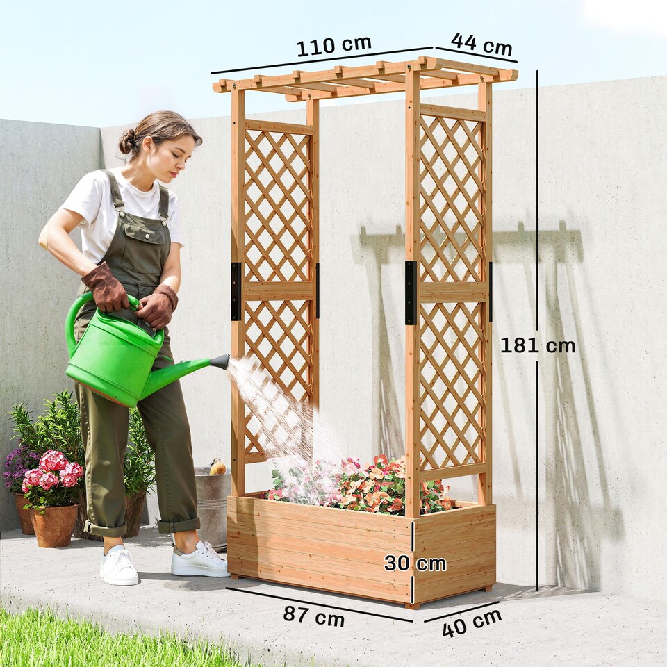 image 1 of Outsunny Raised Bed for Garden with Trellis, 110 x 44 x 181 cm, Natural | Brown