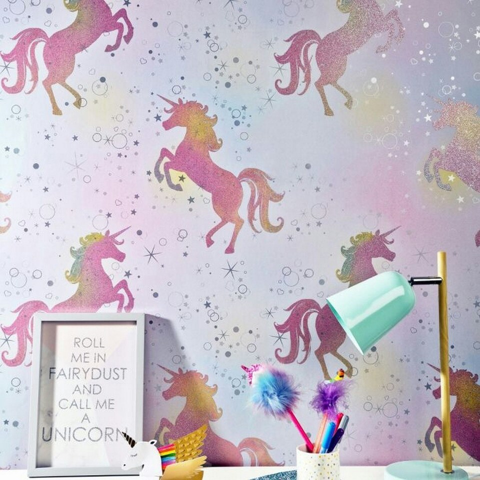 image 1 of Crown Be Dazzled Unicorn Wallpaper - Pink/Blue - 10m x 52cm Pink