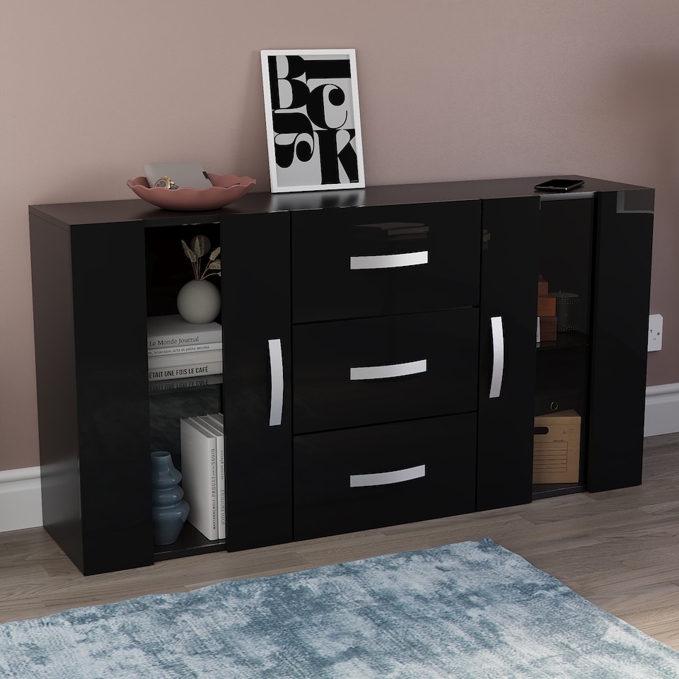 image 1 of Vida Designs Astro 2 Door 3 Drawer LED Sideboard Buffet Cabinet Storage, Black | Black | 1