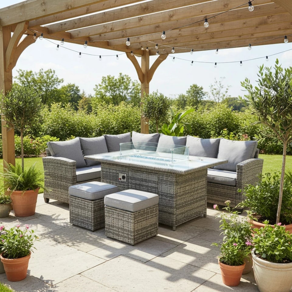 image 1 of The Conwy 8 Seat Corner Gas Firepit Rattan Dining Set - Dark Grey