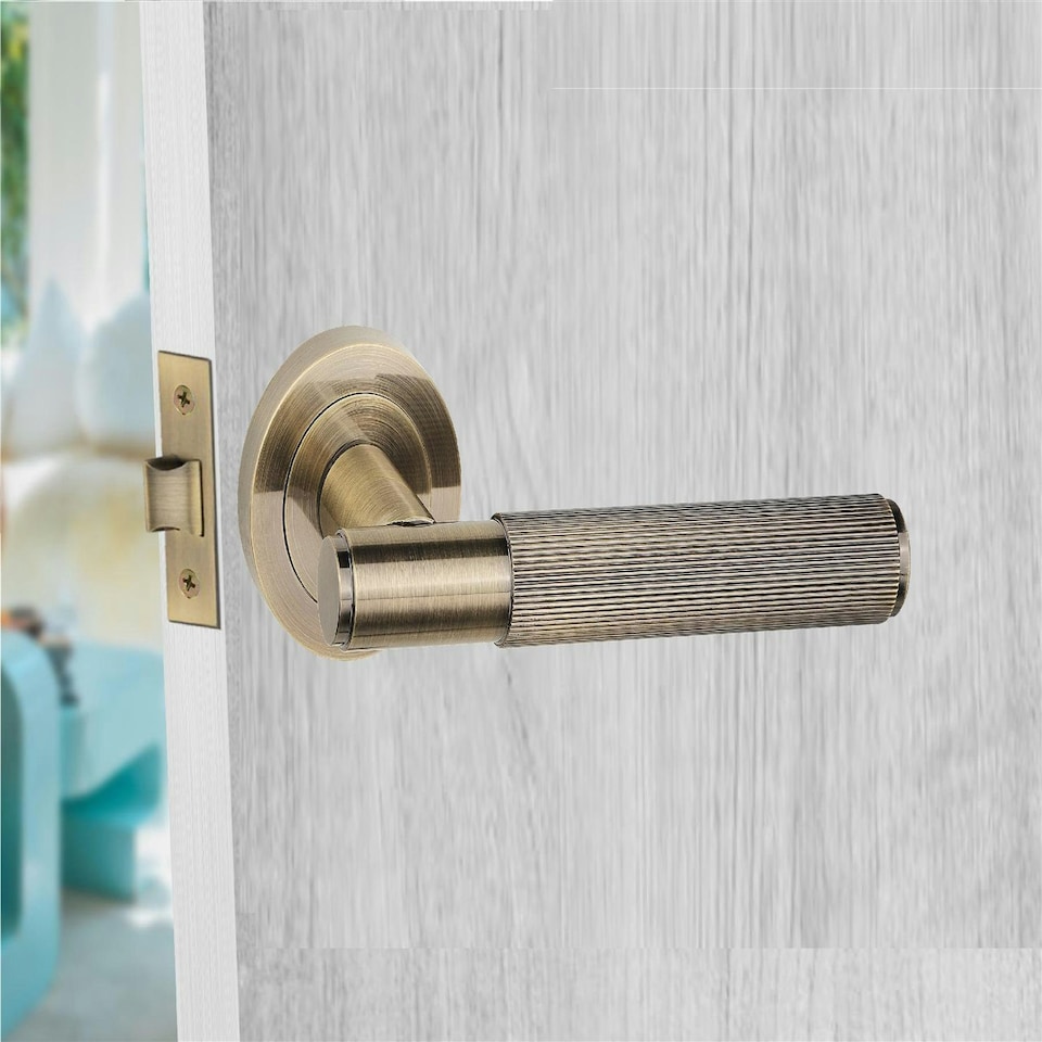 image 1 of Golden Grace 4 Set Straight T-Bar Linear Door Handles in Antique Brass Finish with Tubular Latch and 1 Pair of 3" Ball Bearing Hinges | Bronze | 4 Set