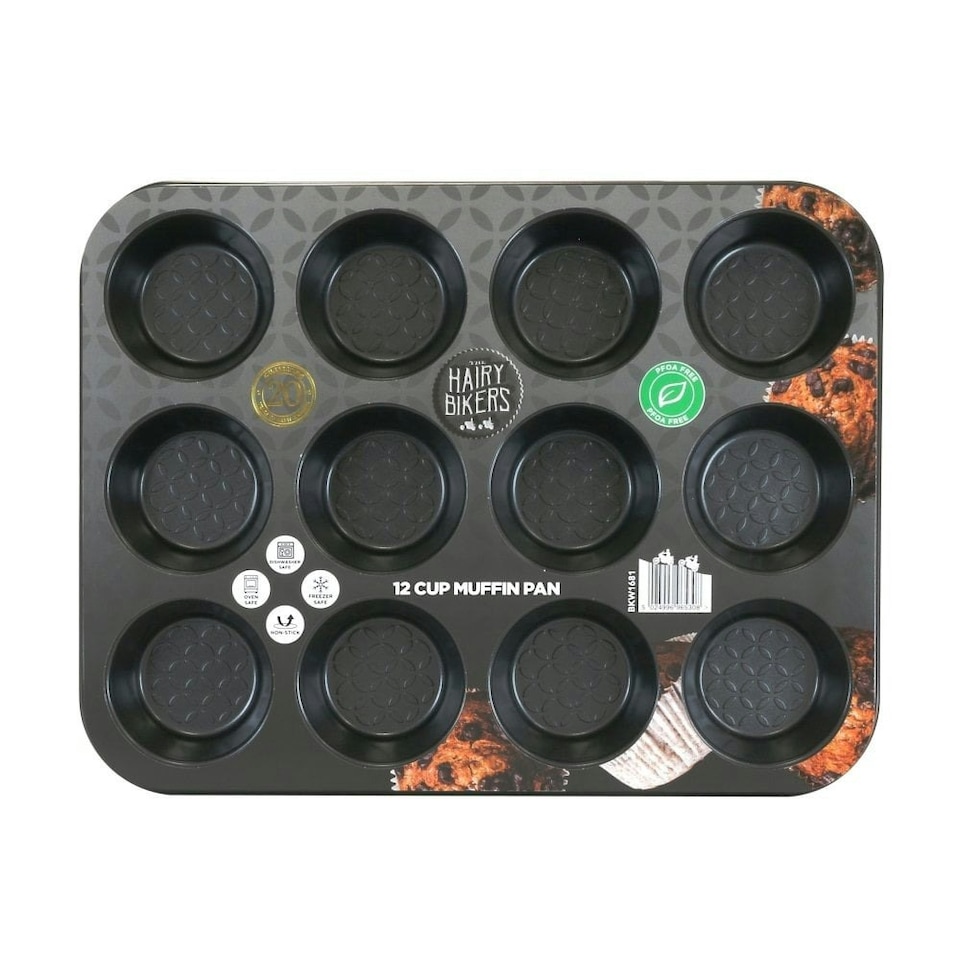 image 1 of Hairy Bikers 12 Cup Muffin Tray Pan Non-Stick Oven Bakeware Cupcakes Muffins Black | One Size