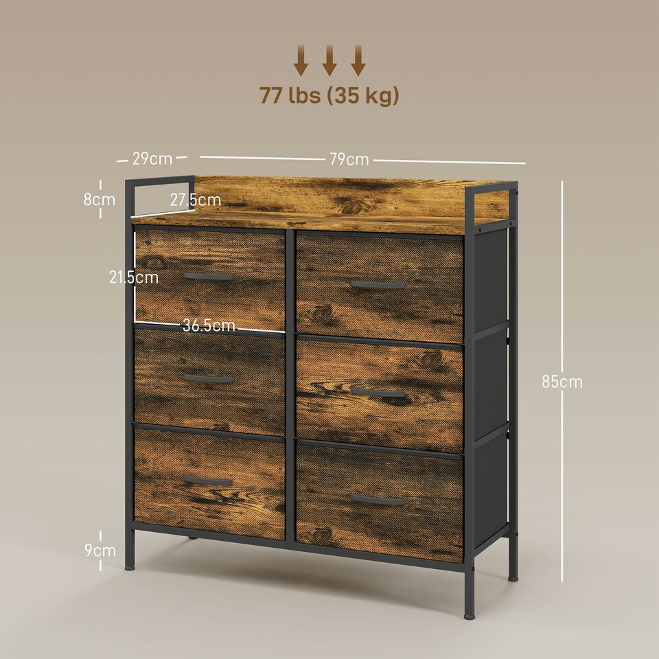 image 1 of HOMCOM Bedroom Chest of Drawers 6 Drawer Dresser w/ Shelf, Grey Wood Effect