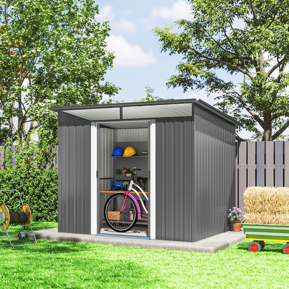 image 1 of Outsunny Garden Shed Outdoor Storage Tool Organiser w/ Double Sliding Door | Grey | Light Grey