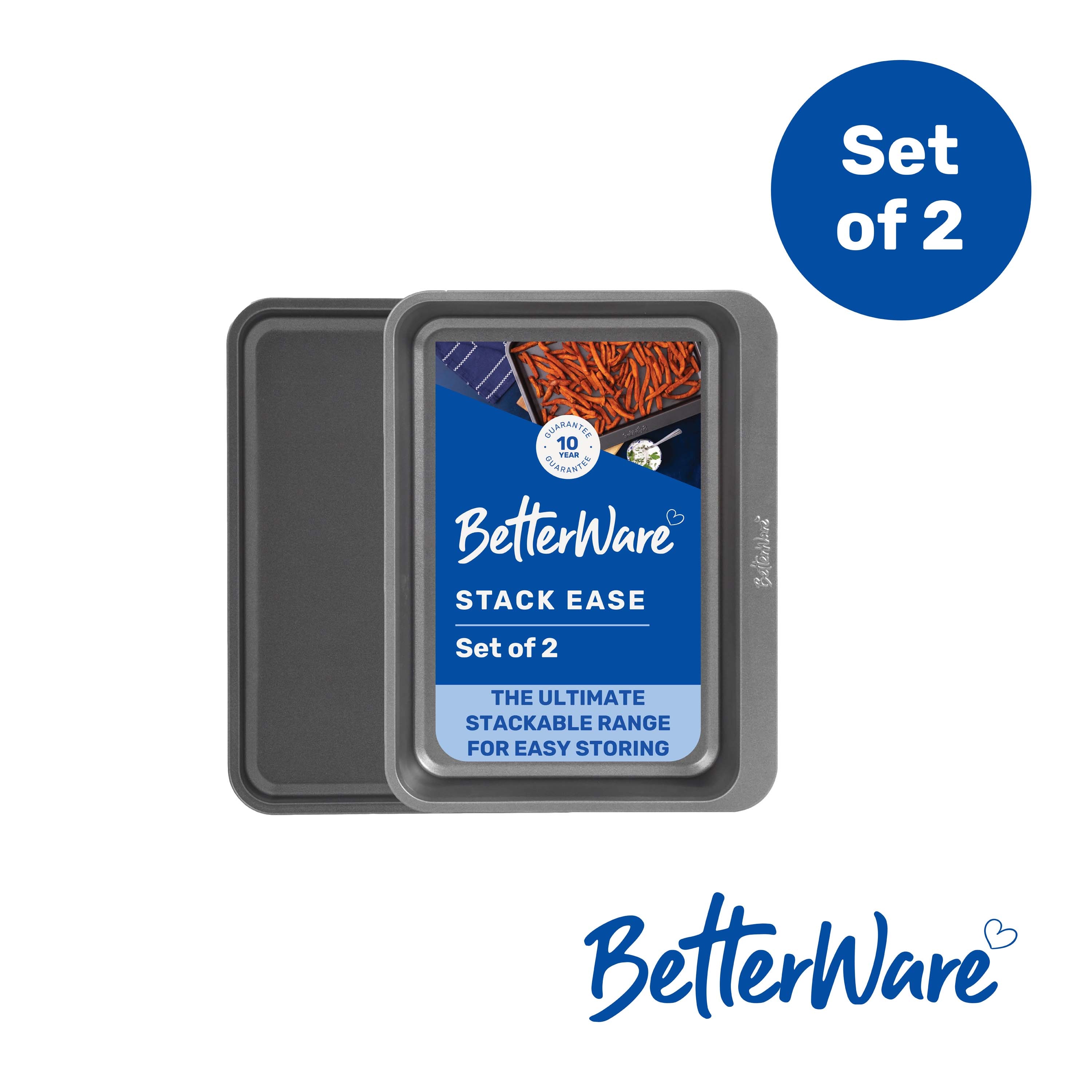 BetterWare Stack Ease 2 Piece Large Roaster & Tray Set Inc. 1 x 38.5cm Roaster & 1 x 38.5cm Oven Tray Dishwasher & Freezer Safe Stackable & Nestable D