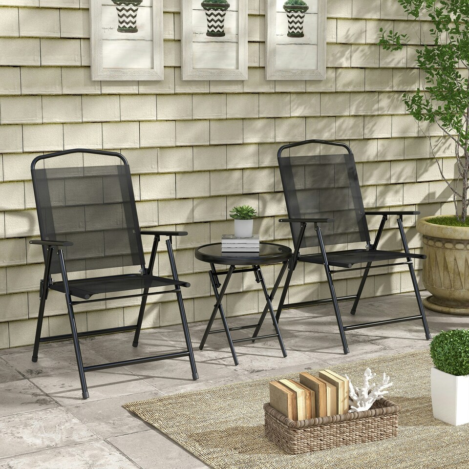 image 1 of Outsunny Bistro Set Folding Chairs & Coffee Table for Balcony, Black Black | Black