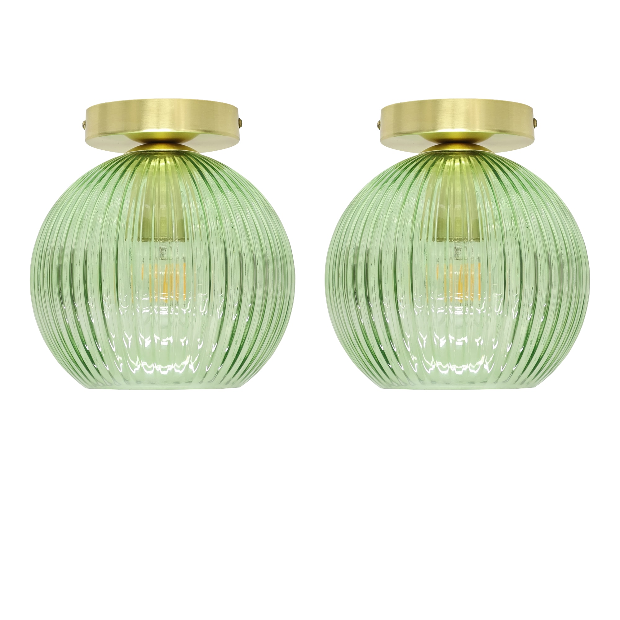 First Choice Lighting Set of 2 Betchley - Green Ribbed Glass Satin Brass Ceiling Lights
