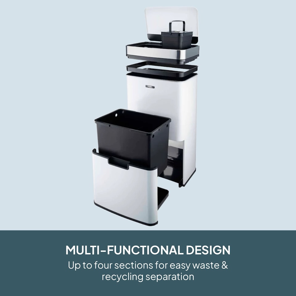 image 1 of Cooks Professional Recycling Sensor Bin 75L with Dual Compartments & Food Caddy | White | White & Silver