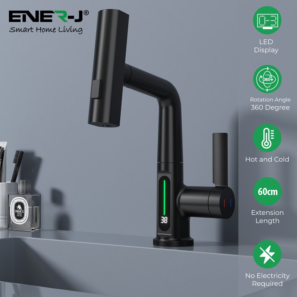 image 1 of Ener J Modern Waterfall Basin Faucet Pull Out Sprayer LED Display Black