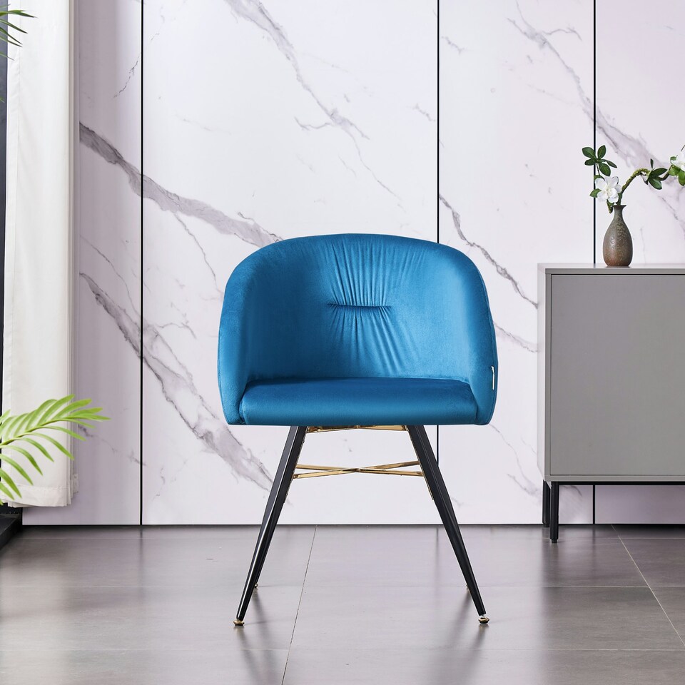 image 1 of Set of 4 Vittorio Velvet Dining Chairs with Black Metal Legs, Quilted Design Modern Accent Chair | Blue